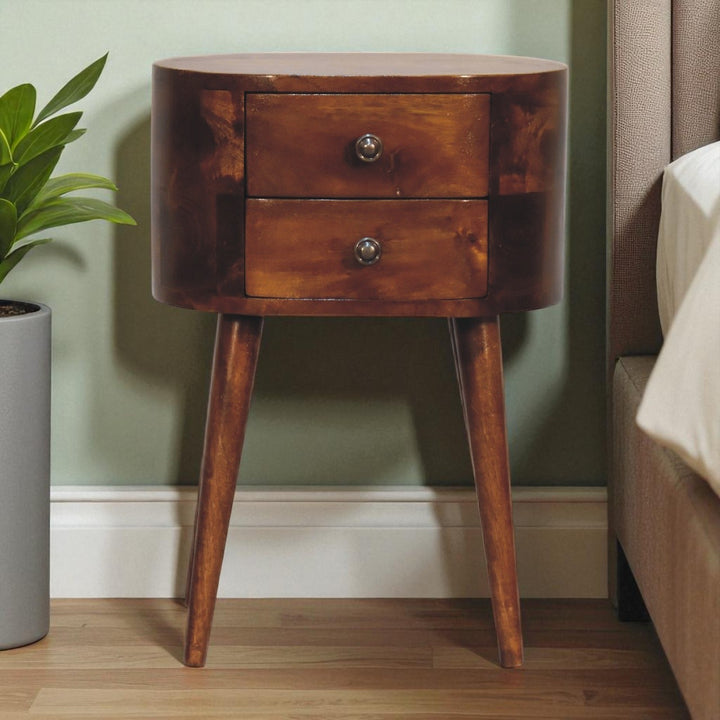 Solid Wood Mini Chestnut Rounded Nightstand, 2-Drawers, Nordic Legs, Brown