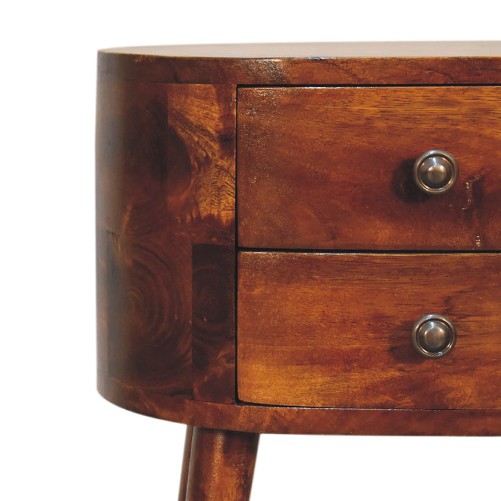 Solid Wood Mini Chestnut Rounded Nightstand, 2-Drawers, Nordic Legs, Brown