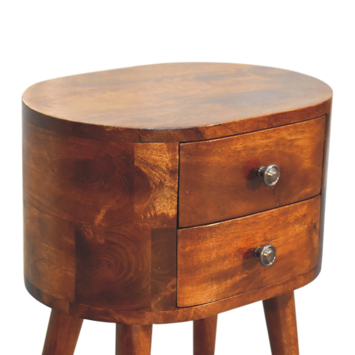 Solid Wood Mini Chestnut Rounded Nightstand, 2-Drawers, Nordic Legs, Brown