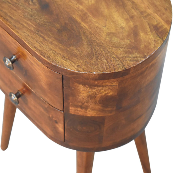 Solid Wood Mini Chestnut Rounded Nightstand, 2-Drawers, Nordic Legs, Brown
