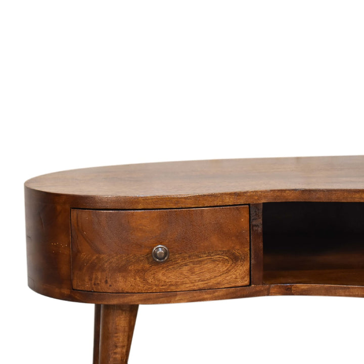Solid Wood Mini Chestnut Wave Coffee Table, 1-Drawer, 1 Open-Shelf, Nordic Legs, Dark Brown
