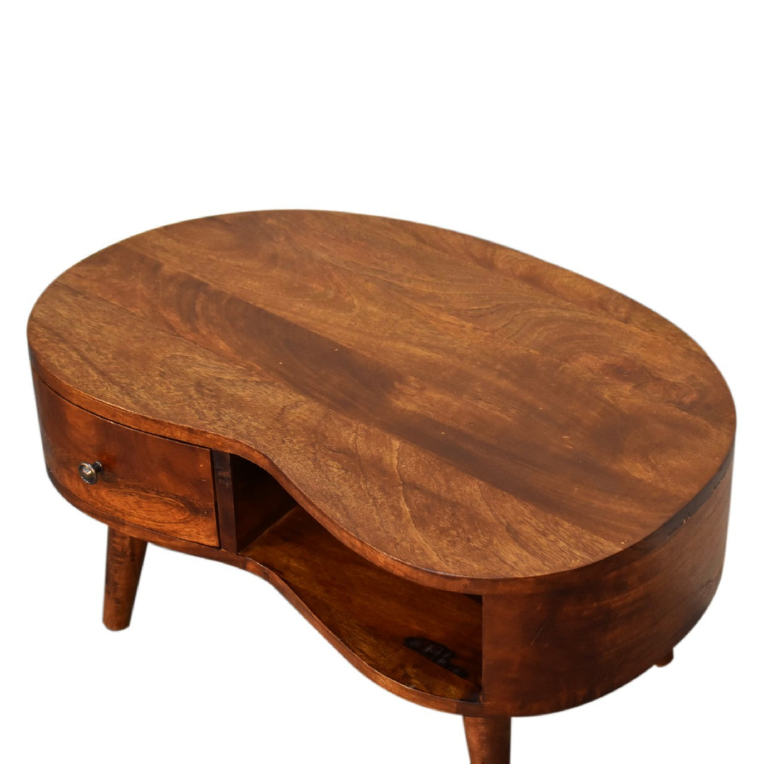 Solid Wood Mini Chestnut Wave Coffee Table, 1-Drawer, 1 Open-Shelf, Nordic Legs, Dark Brown
