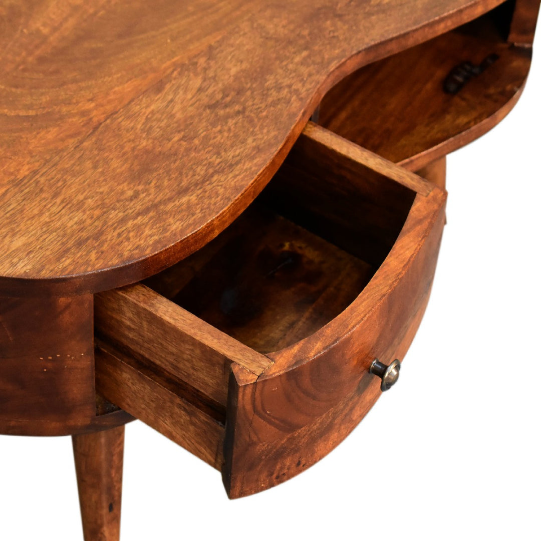 Solid Wood Mini Chestnut Wave Coffee Table, 1-Drawer, 1 Open-Shelf, Nordic Legs, Dark Brown