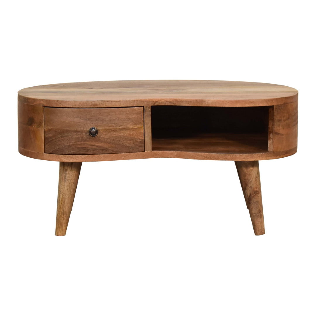 Solid Wood Mini Oak-ish Wave Coffee Table, 1-Drawer, 1 Open Slot, Nordic Legs, Light Brown,
