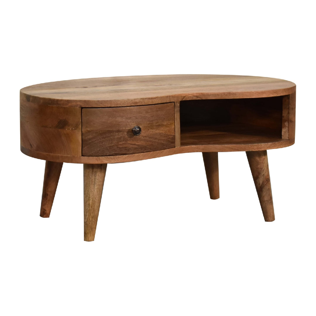 Solid Wood Mini Oak-ish Wave Coffee Table, 1-Drawer, 1 Open Slot, Nordic Legs, Light Brown,