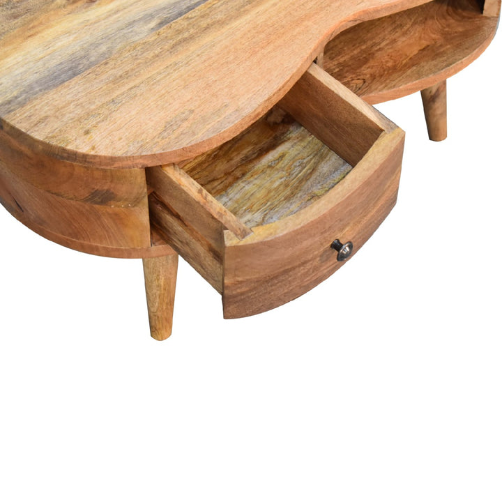 Solid Wood Mini Oak-ish Wave Coffee Table, 1-Drawer, 1 Open Slot, Nordic Legs, Light Brown,