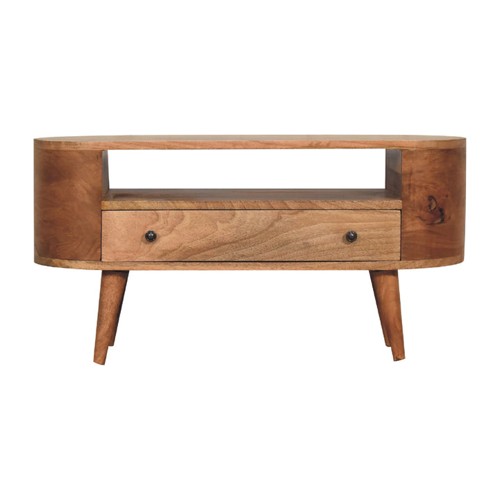 Solid Wood Mini Rounded Entertainment Unit, Nordic Legs, Oak, Open Slot, 1-Drawer