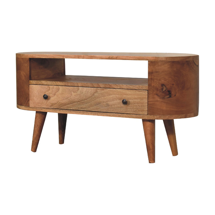 Solid Wood Mini Rounded Entertainment Unit, Nordic Legs, Oak, Open Slot, 1-Drawer