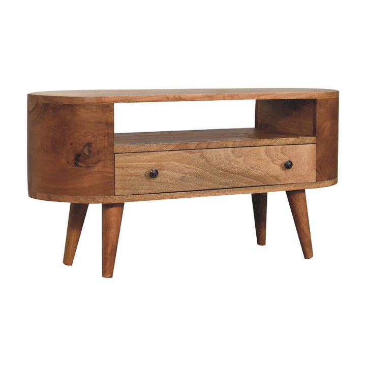 Solid Wood Mini Rounded Entertainment Unit, Nordic Legs, Oak, Open Slot, 1-Drawer