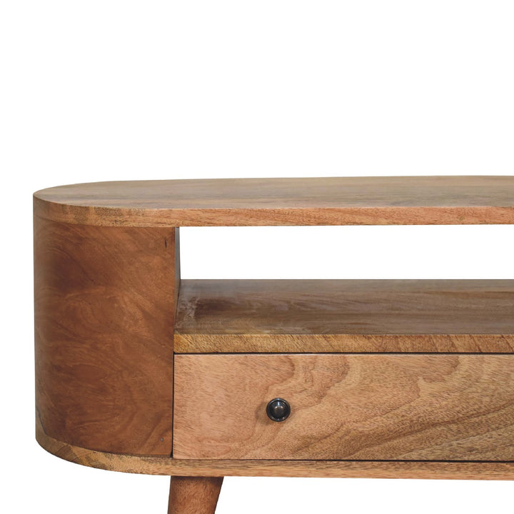 Solid Wood Mini Rounded Entertainment Unit, Nordic Legs, Oak, Open Slot, 1-Drawer