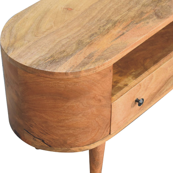 Solid Wood Mini Rounded Entertainment Unit, Nordic Legs, Oak, Open Slot, 1-Drawer