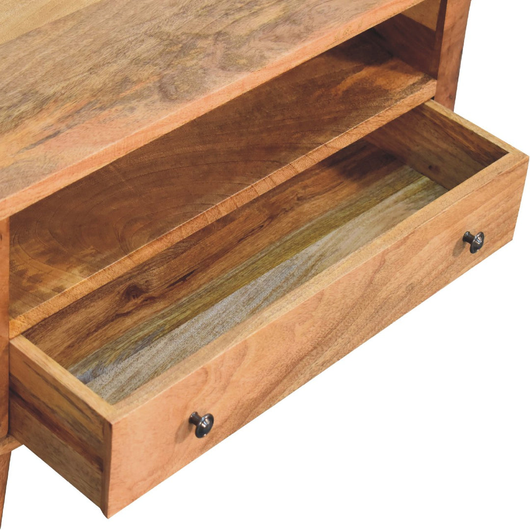 Solid Wood Mini Rounded Entertainment Unit, Nordic Legs, Oak, Open Slot, 1-Drawer