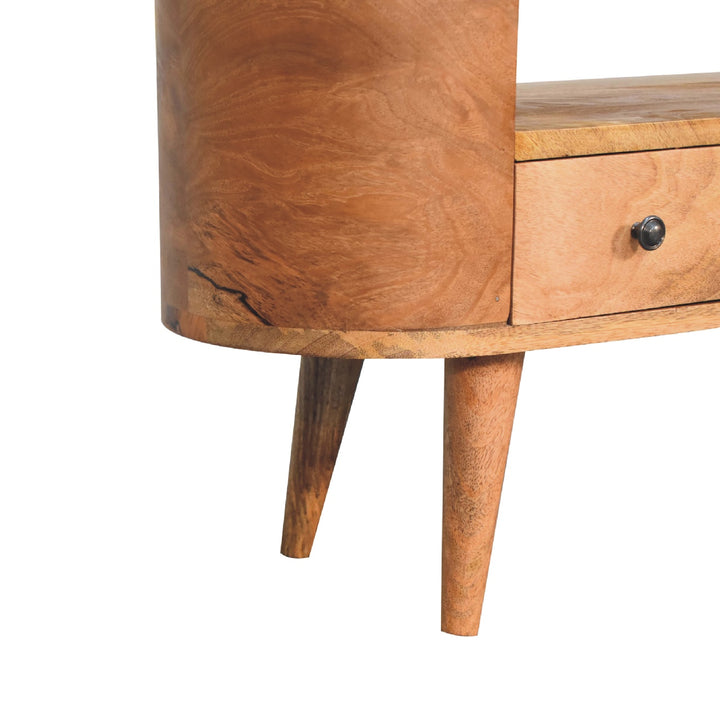 Solid Wood Mini Rounded Entertainment Unit, Nordic Legs, Oak, Open Slot, 1-Drawer