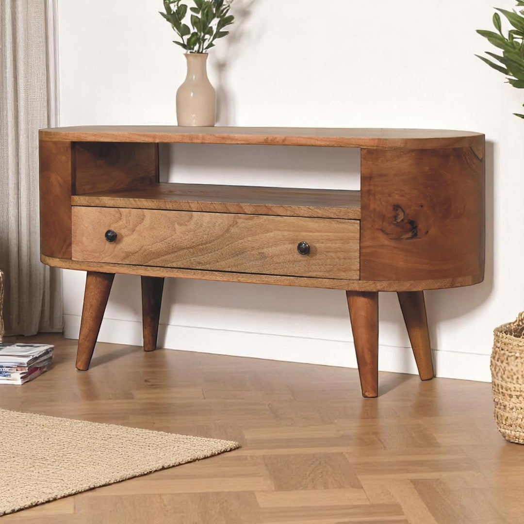 Solid Wood Mini Rounded Entertainment Unit, Nordic Legs, Oak, Open Slot, 1-Drawer