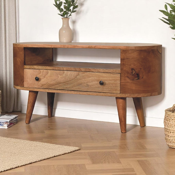 Solid Wood Mini Rounded Entertainment Unit, Nordic Legs, Oak, Open Slot, 1-Drawer