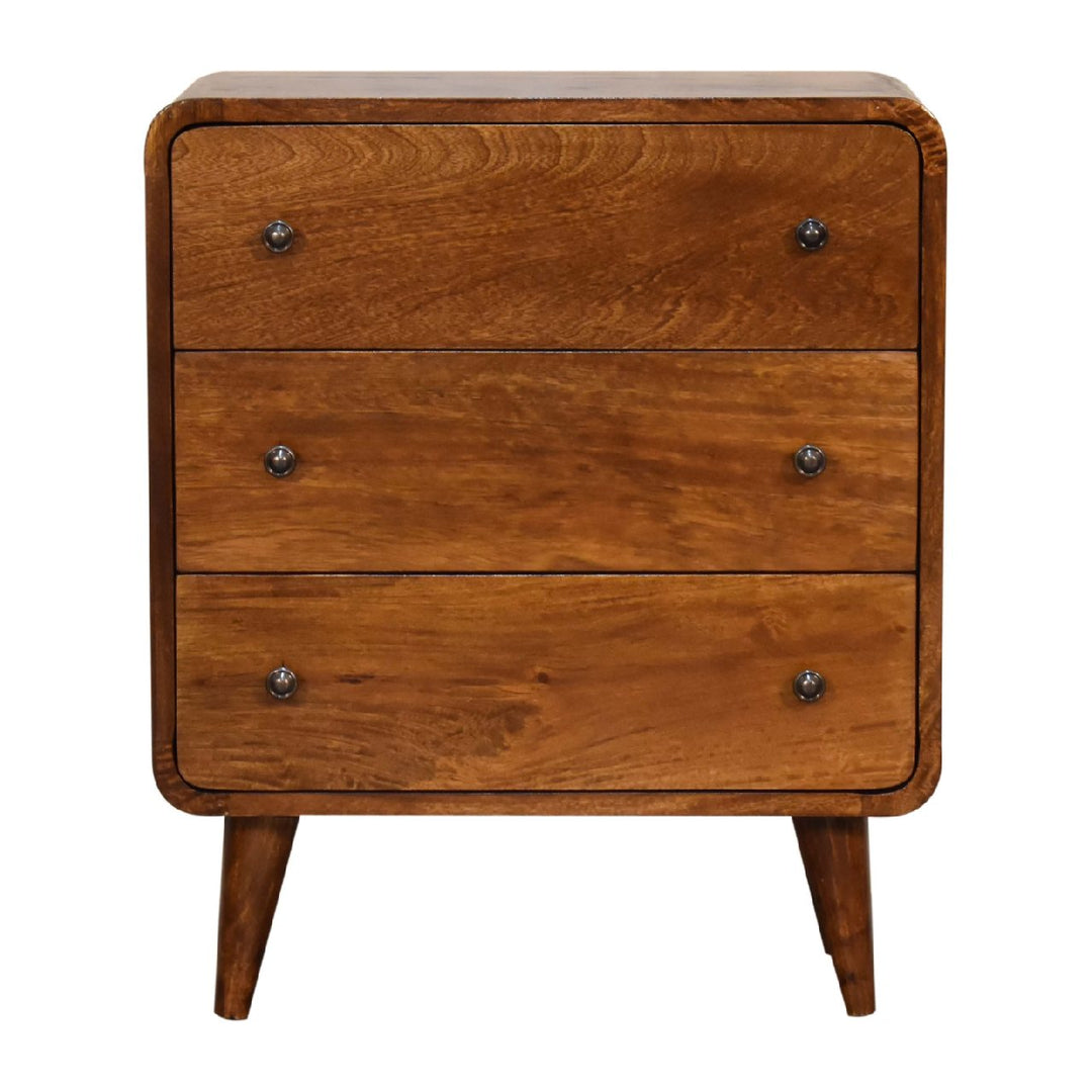 Solid Wood Mini Curved Chestnut Chest, 3-Drawer, Nordic Legs, Brown