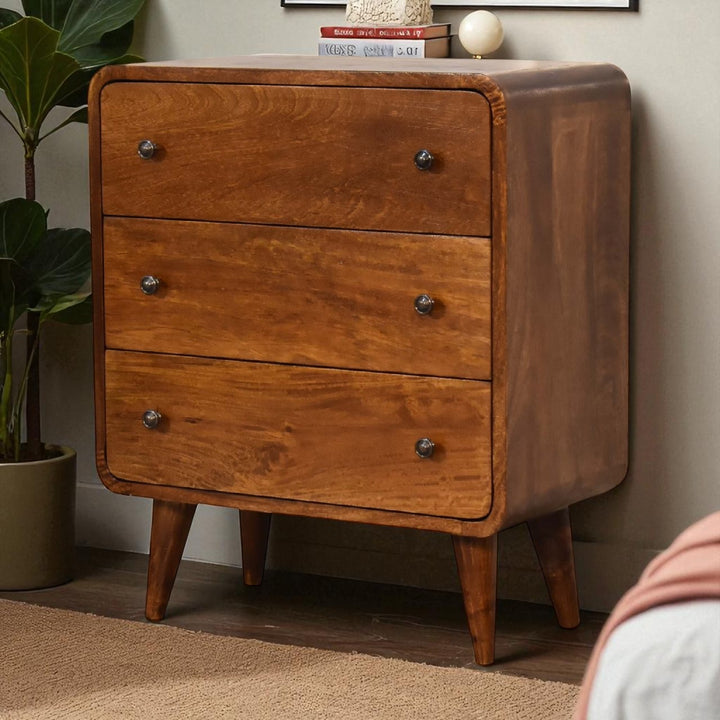 Solid Wood Mini Curved Chestnut Chest, 3-Drawer, Nordic Legs, Brown