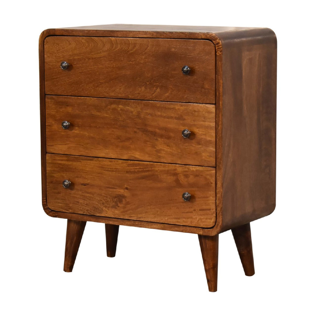 Solid Wood Mini Curved Chestnut Chest, 3-Drawer, Nordic Legs, Brown