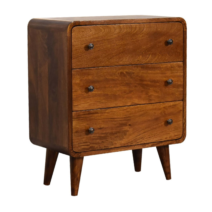 Solid Wood Mini Curved Chestnut Chest, 3-Drawer, Nordic Legs, Brown