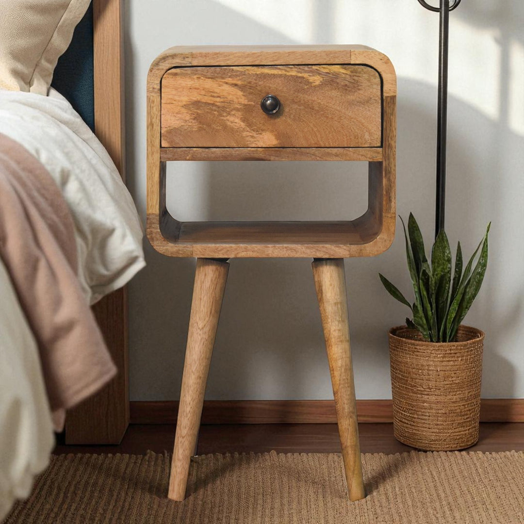 Solid Wood Mini Oak-ish Curve Lower nightstand, 1-Drawer, Open Slot