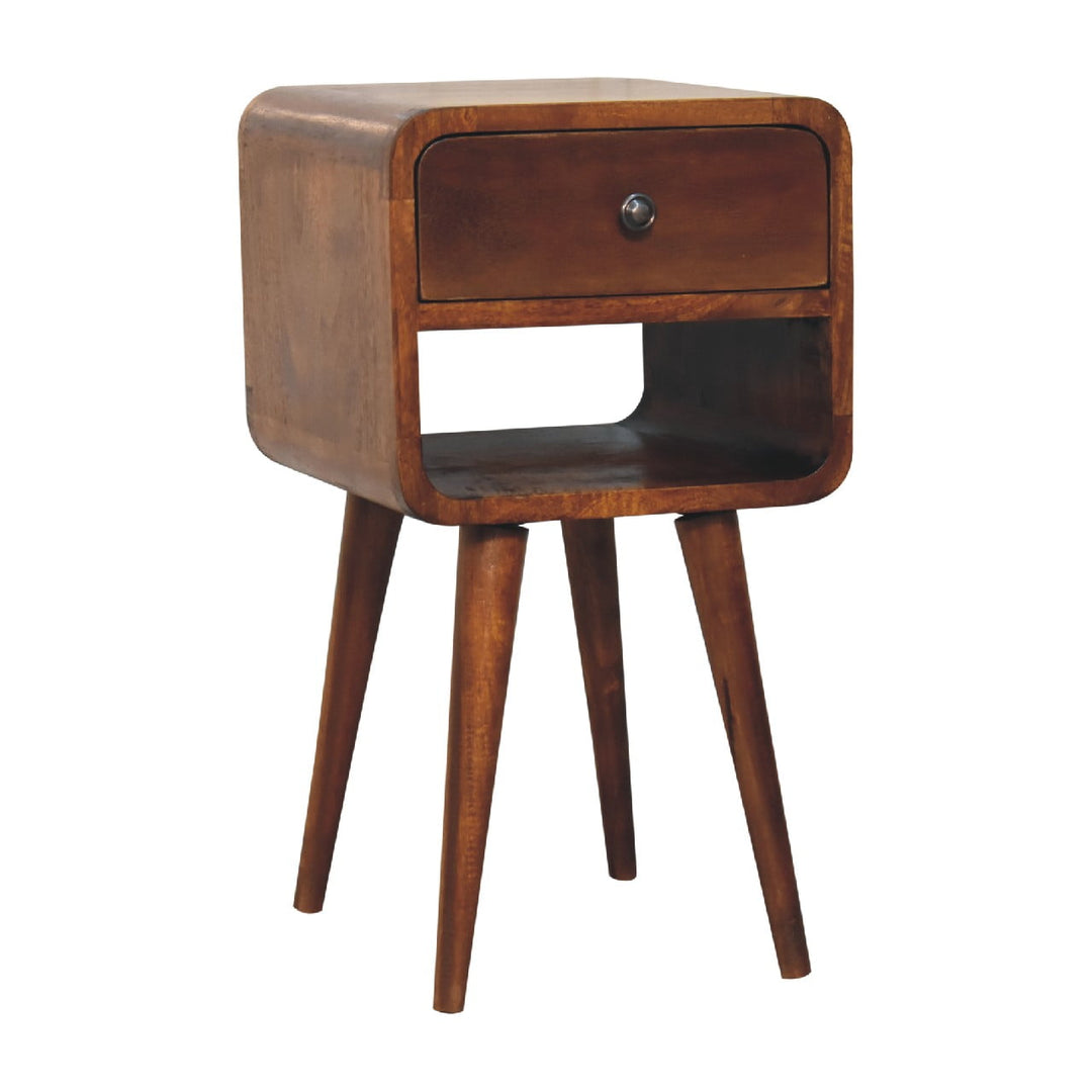 Solid Wood Mini Chestnut Curve Lower Bedside, Chestnut, 1-Drawer, 1 Open Slot, Brown