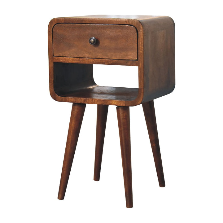 Solid Wood Mini Chestnut Curve Lower Bedside, Chestnut, 1-Drawer, 1 Open Slot, Brown
