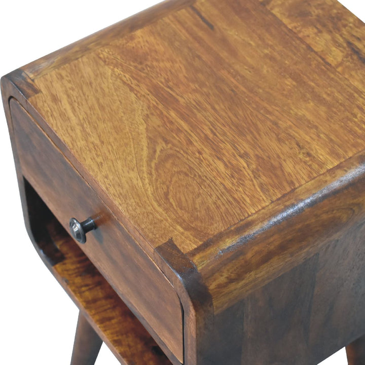 Solid Wood Mini Chestnut Curve Lower Bedside, Chestnut, 1-Drawer, 1 Open Slot, Brown