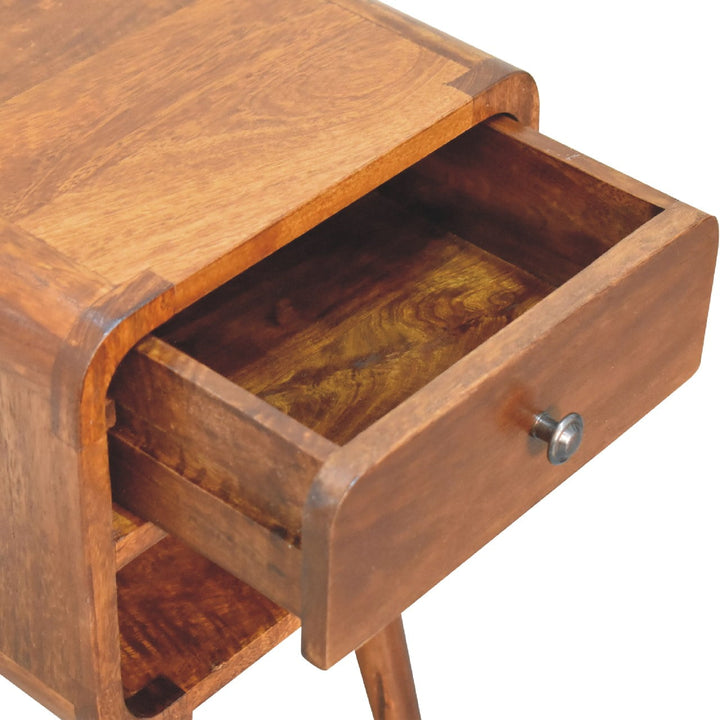 Solid Wood Mini Chestnut Curve Lower Bedside, Chestnut, 1-Drawer, 1 Open Slot, Brown
