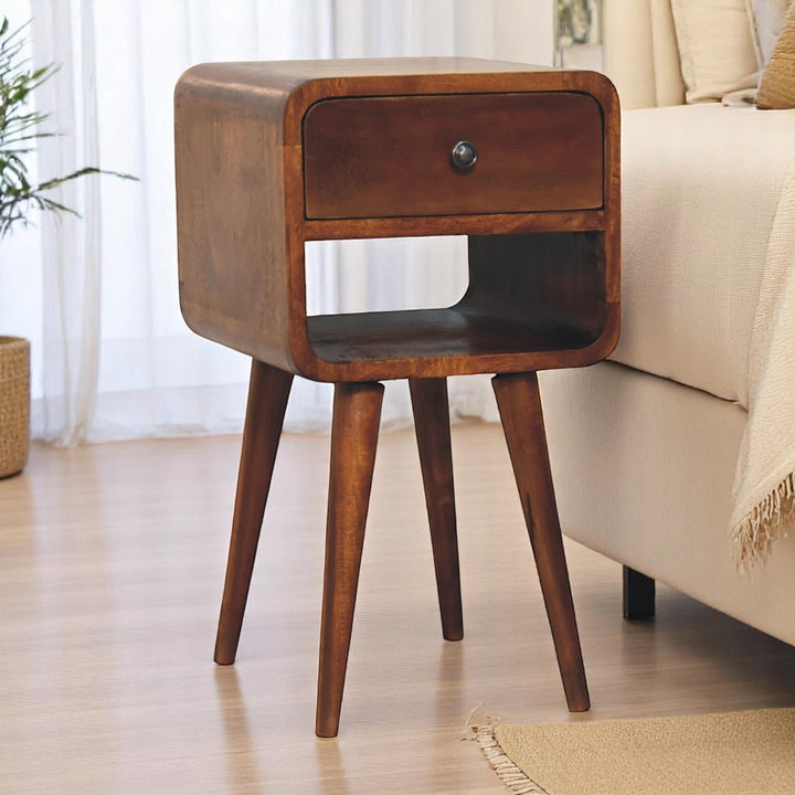 Solid Wood Mini Chestnut Curve Lower Bedside, Chestnut, 1-Drawer, 1 Open Slot, Brown