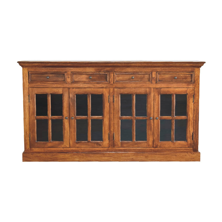Solid Wood Large Glazed Sideboard, 4-Drawers, 4-Shelves, Chestnut, Dark Brown