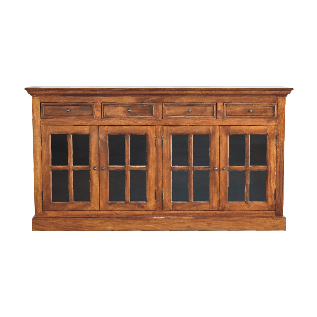 Solid Wood Large Glazed Sideboard, 4-Drawers, 4-Shelves, Chestnut, Dark Brown