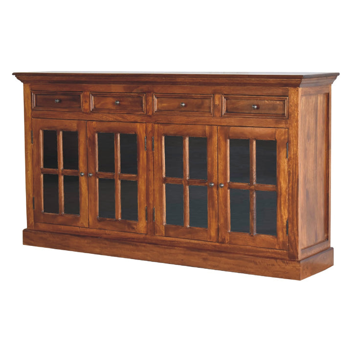 Solid Wood Large Glazed Sideboard, 4-Drawers, 4-Shelves, Chestnut, Dark Brown