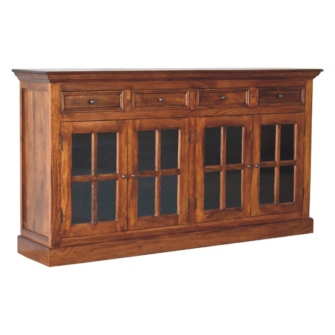 Solid Wood Large Glazed Sideboard, 4-Drawers, 4-Shelves, Chestnut, Dark Brown