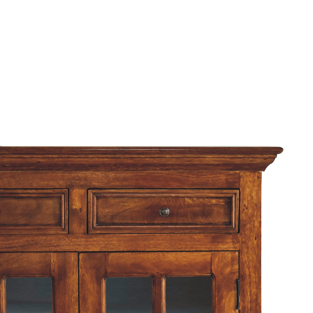 Solid Wood Large Glazed Sideboard, 4-Drawers, 4-Shelves, Chestnut, Dark Brown