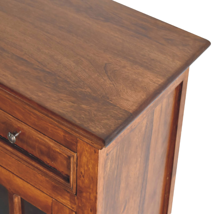 Solid Wood Large Glazed Sideboard, 4-Drawers, 4-Shelves, Chestnut, Dark Brown