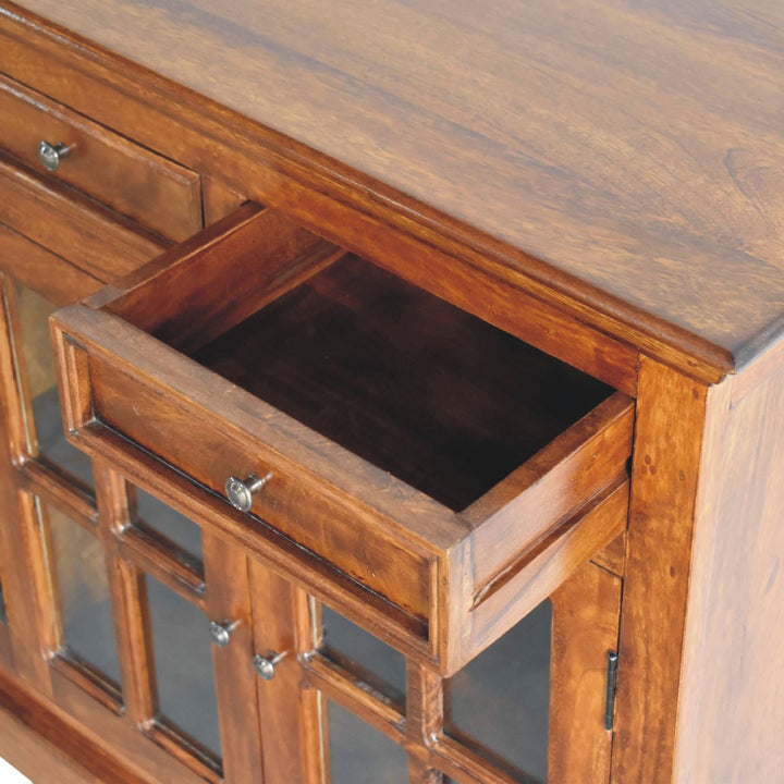 Solid Wood Large Glazed Sideboard, 4-Drawers, 4-Shelves, Chestnut, Dark Brown