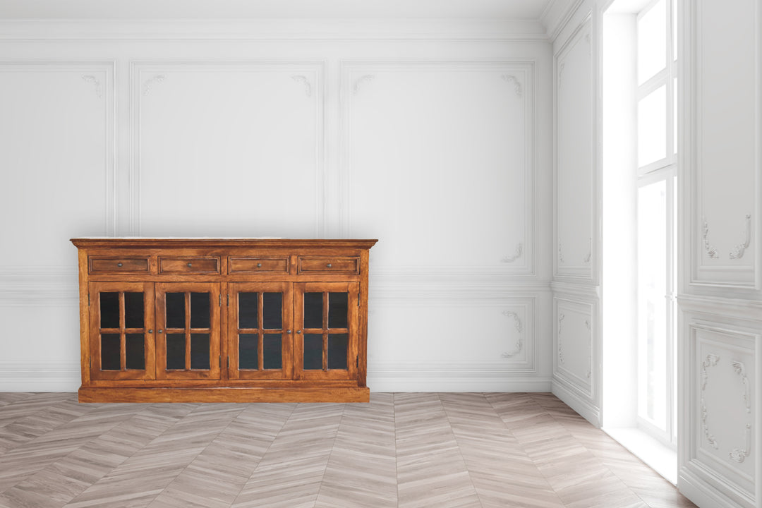 Solid Wood Large Glazed Sideboard, 4-Drawers, 4-Shelves, Chestnut, Dark Brown