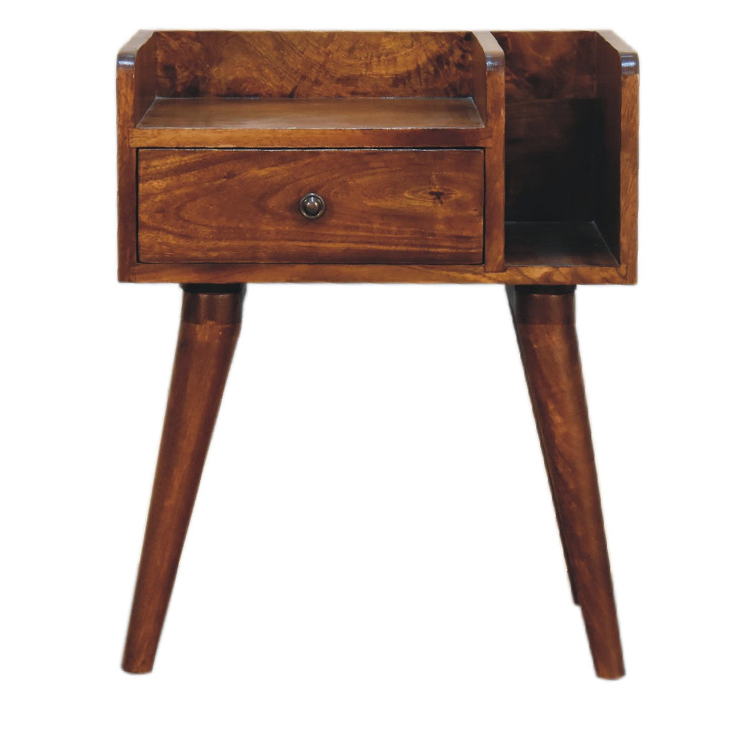 Chestnut Collective Nightstand,1-Drawer, 2 Open-Slots, Nordic Legs, Light Brown