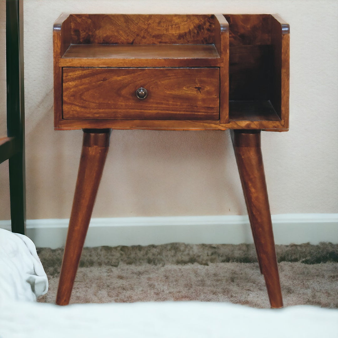 Chestnut Collective Nightstand,1-Drawer, 2 Open-Slots, Nordic Legs, Light Brown