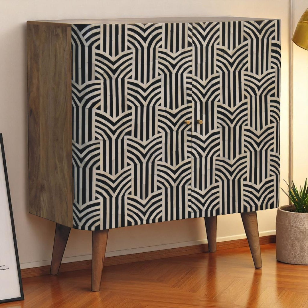 Solid Wood Edessa Bone Inlay Cabinet, 2-Shelves, Black and White