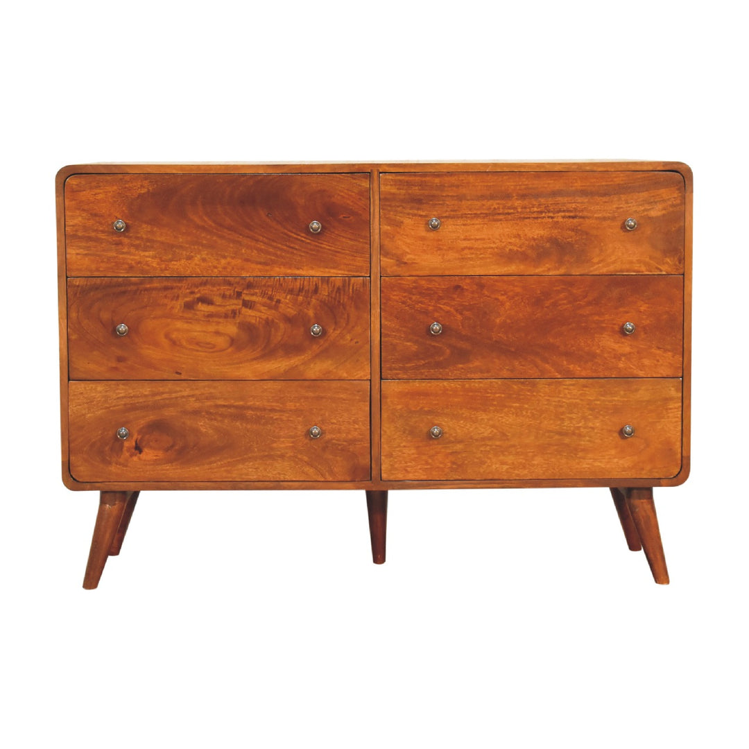 Solid Wood Large Curved Chest, 6-Drawers, Chestnut, Brown