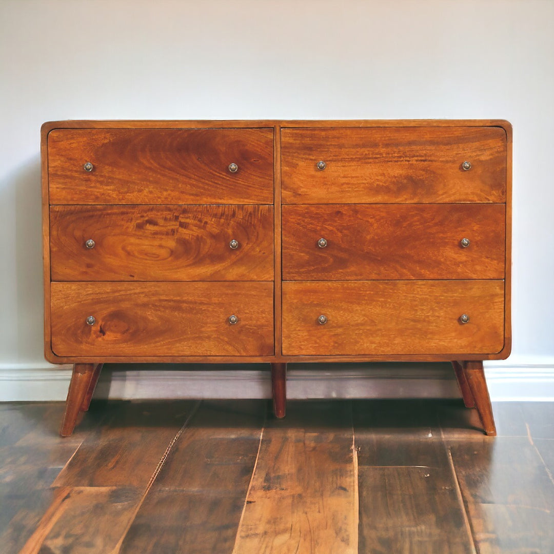 Solid Wood Large Curved Chest, 6-Drawers, Chestnut, Brown