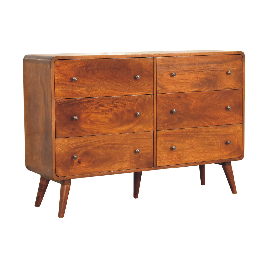 Solid Wood Large Curved Chest, 6-Drawers, Chestnut, Brown