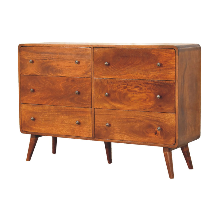 Solid Wood Large Curved Chest, 6-Drawers, Chestnut, Brown