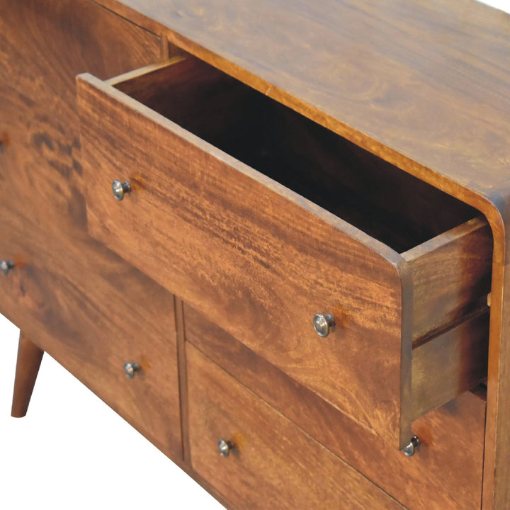 Solid Wood Large Curved Chest, 6-Drawers, Chestnut, Brown