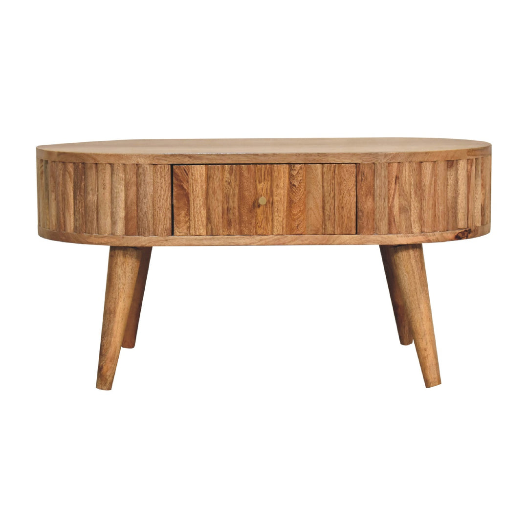 Solid Wood Stripe Coffee Table, 2-Drawers, Nordic Legs, Light Brown
