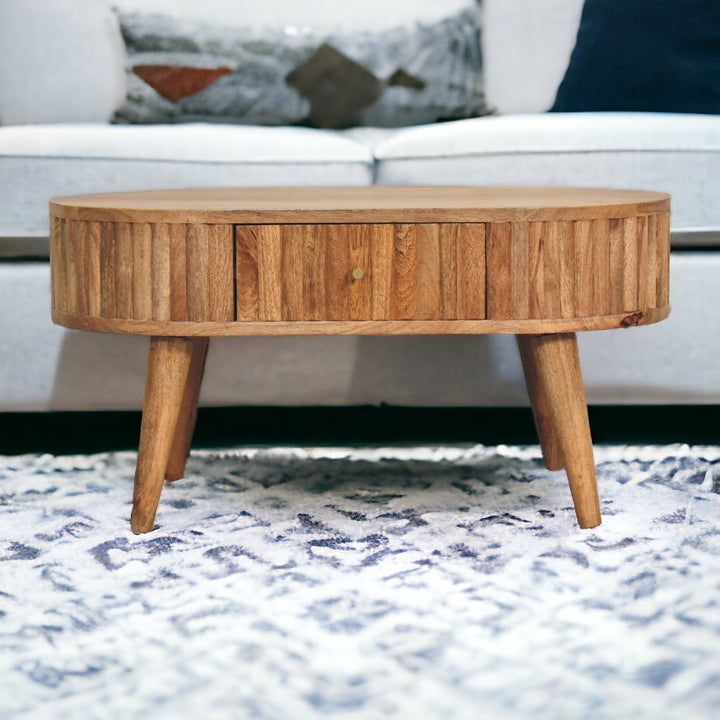 Solid Wood Stripe Coffee Table, 2-Drawers, Nordic Legs, Light Brown
