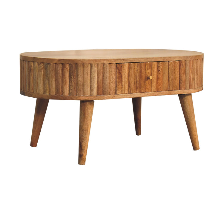 Solid Wood Stripe Coffee Table, 2-Drawers, Nordic Legs, Light Brown