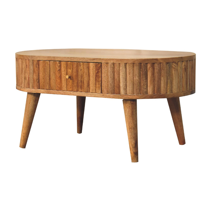 Solid Wood Stripe Coffee Table, 2-Drawers, Nordic Legs, Light Brown