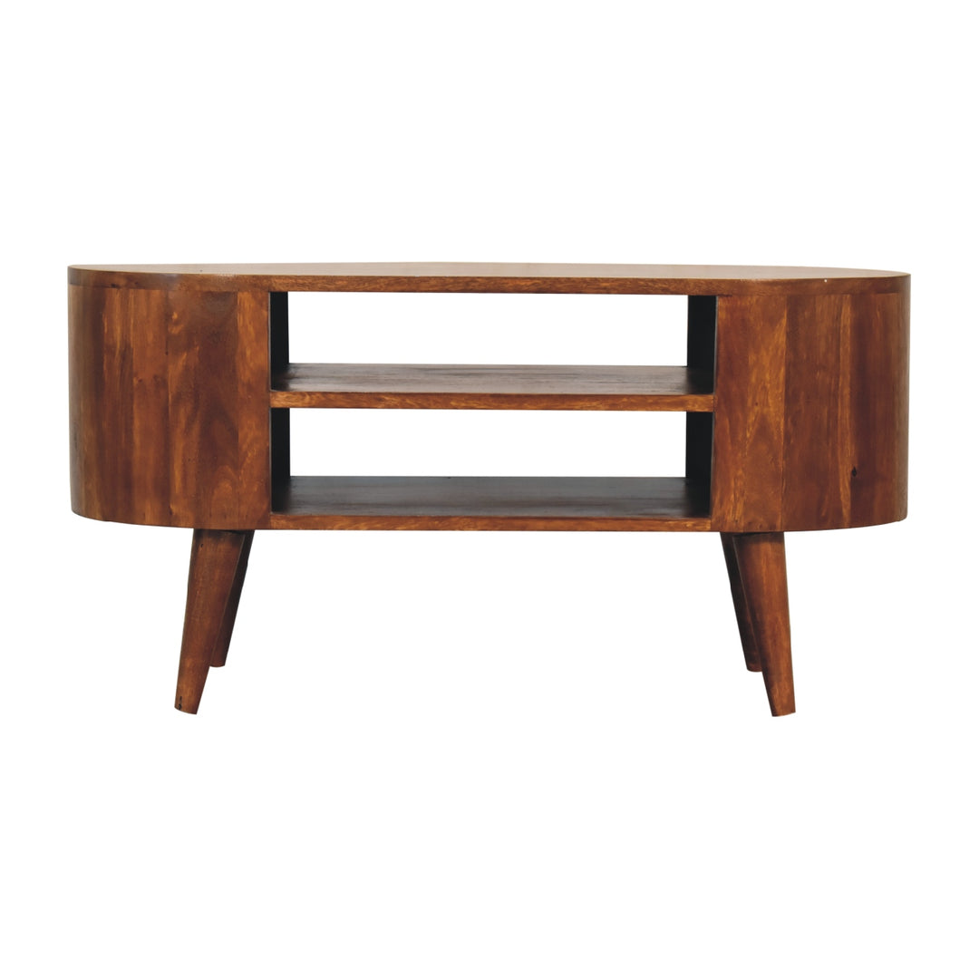 Solid Wood Cortez Chestnut Media Unit, 2 Open Shelves, Nordic Legs, Brown